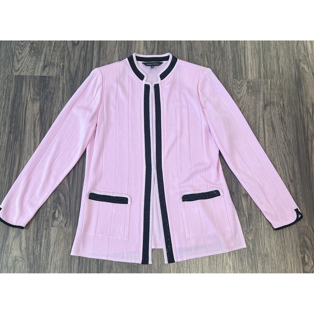 Ming Wang Women's Light Pink Open Cardigan Trim Crystals Details Size S